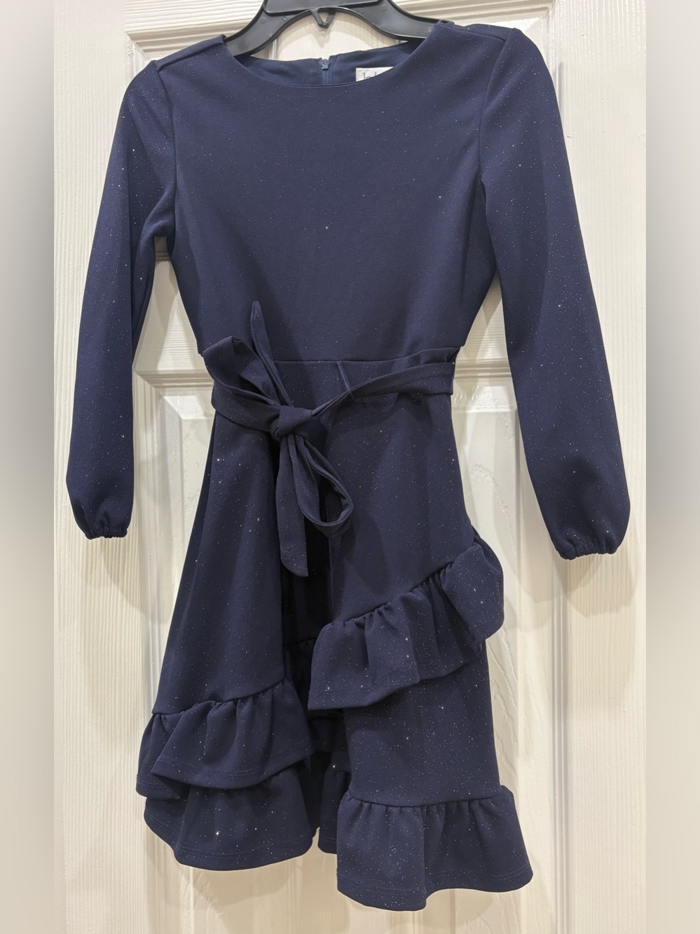 Blush by Us Angels Navy Sparkle Ruffle Dress with Waist Tie